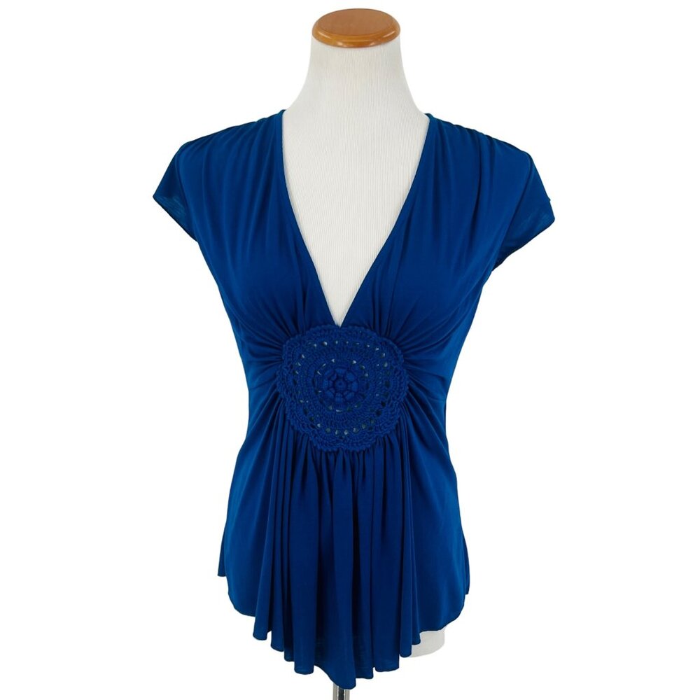 Y2K Royal Blue Deep V-Neck Crochet Accent Boho Top Cottagecore Soft Girl Casual - Picture 8 of 10